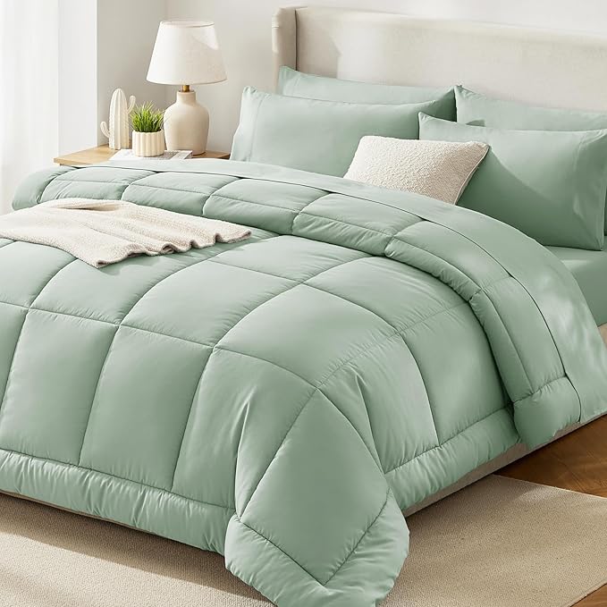 CozyLux King Size Comforter Set Sage Green, 7 Pieces Bed in a Bag, Green Comforter King Size, All Season Bedding Sets with Stitch Quilted Comforter, Flat Sheet, Fitted Sheet, Pillowcases