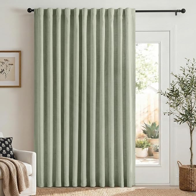 Faux Linen Total Blackout Sliding Door Curtains 108 Inches Long, Sage Green | by 100BlackoutShield