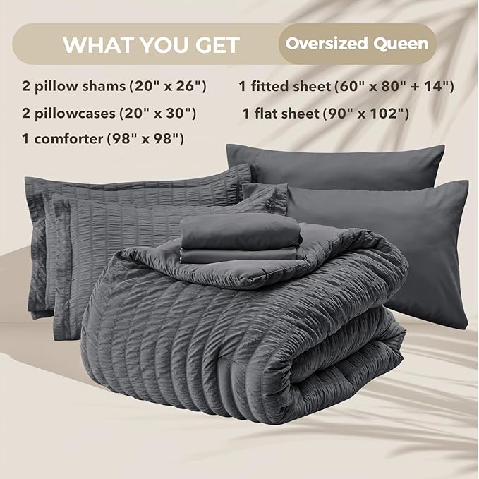 HYMOKEGE Oversized Queen Comforter Set Seersucker 7 Pieces, All Season Luxury Bed in a Bag for Bedroom, Bedding Set with Comforter, Sheets, Pillowcases & Shams, Dark Grey