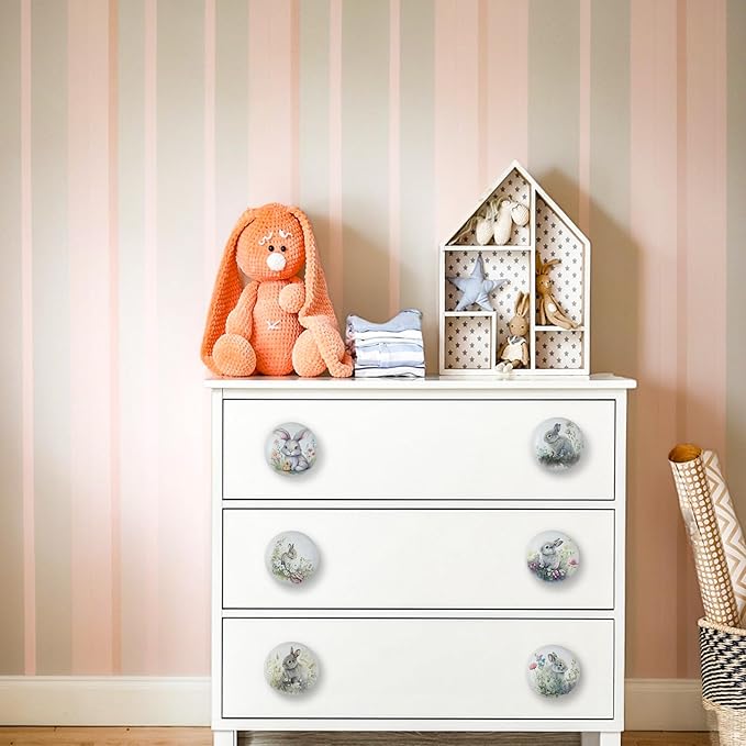 8Pack1.5 Rabbit with Flowers Ceramics Handle Knob Cute Safari Animal Decor Cabinet Dresser Drawer Knobs and Pulls
