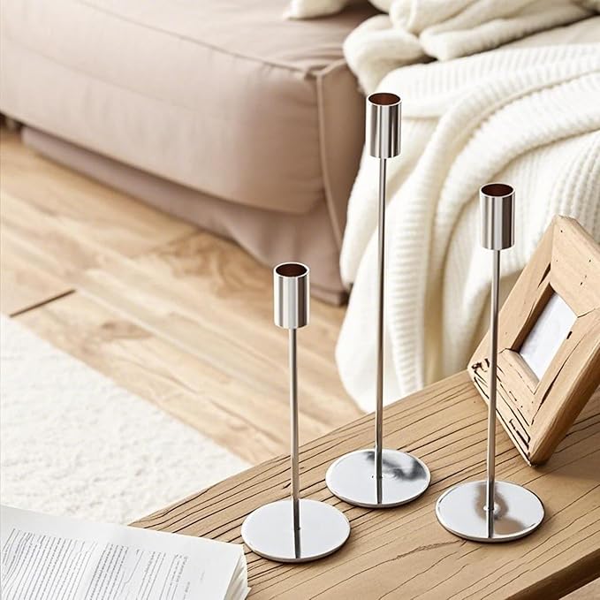 Set of 6 Silver Taper Candle Holders, Metal Silver Candlestick Holders, Tall Candle Holder, Fits 3/4 inch Thick Candle&Led Candles, for Table Centerpiece, Wedding, Dinning, Party Home Decor