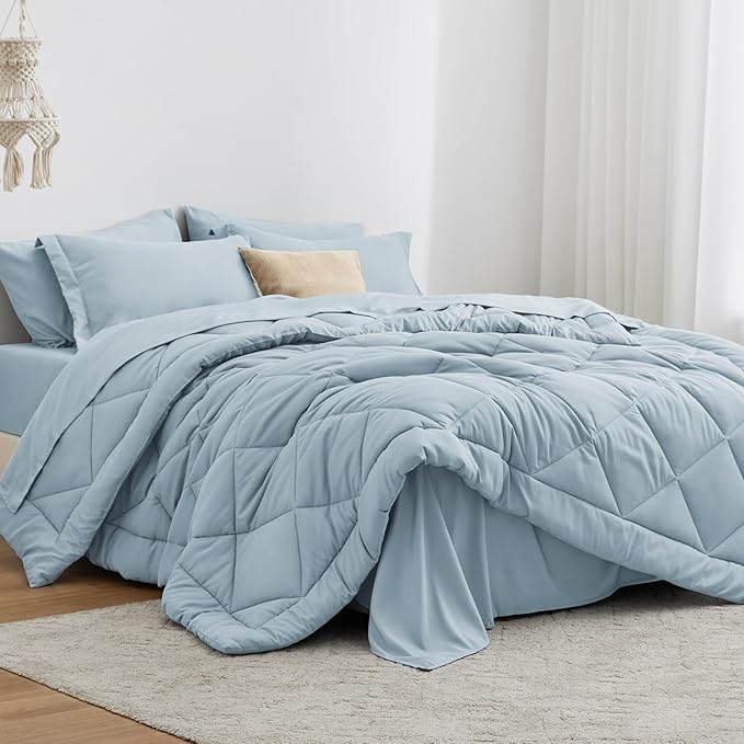 Love's cabin Queen Comforter Set Light Blue, 7 Pieces Queen Bed in a Bag, All Season Bedding Sets with 1 Comforter, 1 Flat Sheet, 1 Fitted Sheet, 2 Pillowcase and 2 Pillow Sham
