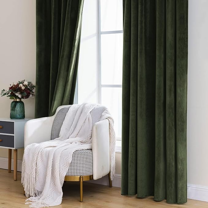 MIULEE Velvet Curtains 52x84 inches 2 Panels Olive Blackout Curtains | Luxury - Image 7