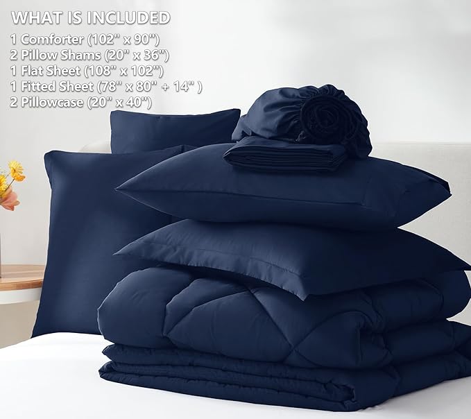 CozyLux King Size Comforter Set Navy Blue - 7 Pieces Bed in a Bag King, Luxury Soft Bed Set for All Seasons, Bedding Set with Down Alternative Comforter, Sheets, Pillowcases & Shams