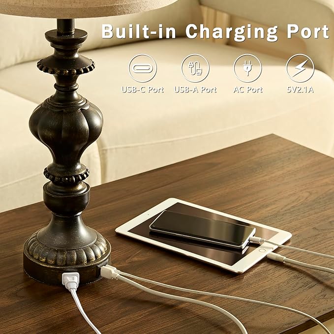 27.5" Farmhouse Table Lamps Set of 2 Bedside Nightstand Lamp with USB C+A Ports & AC Outlet, 3 Way Dimmable Touch Lamps for Bedroom Living Room Office Rustic Lamp (Rotary Switch-Black)