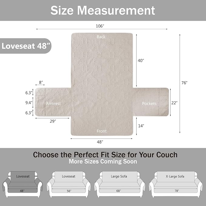 Beige Loveseat Covers for 2 Cushion Couch, Water-Repellent Quilted Covers for - Image 7