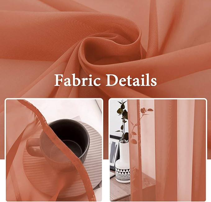 MIULEE Fall Burnt Orange Sheer Curtains 54 X 54 Inches, 2 Panels | Solid Color - Image 3