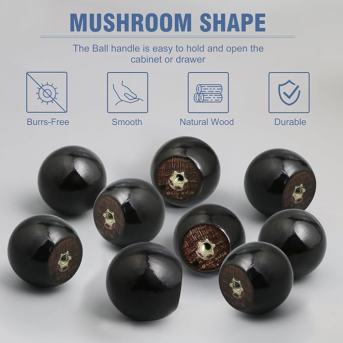 FoDau770 15pcs Black Wood Knobs, Round Ball Cabinet Knobs Vintage Drawer Pulls, Natural Wooden Cabinet Hardware for Furniture Drawer Dresser Wardrobe Cupboard - 1" Diameter