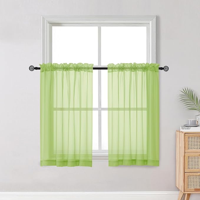 Short Lime Sheer Curtains 36 Inch Length 2 Panels Set, Kitchen Tiers Curtains by OWENIE
