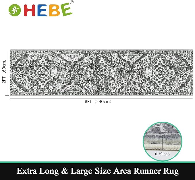 HEBE Hallway Runner Rug 2'x8', Washable Non Slip Kitchen Rug Runner | Soft Boho - Image 2