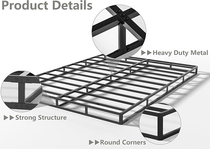 Qingzhou Box Spring King Bed Bases, 5 Inch High Metal King Size Box Spring Only, Heavy Duty Mattress Foundation with Fabric Cover, Easy Assembly, Quiet Noise Free, Non Slip, Black