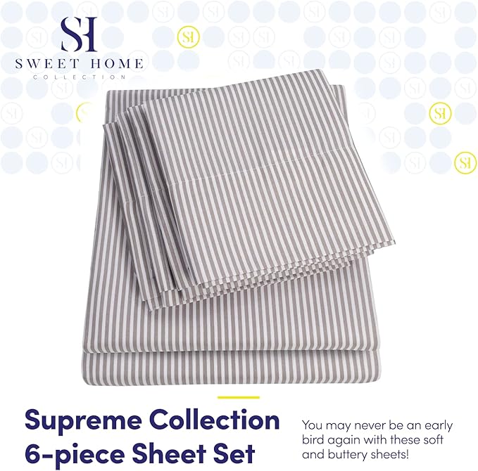 King Size Bed Sheets - 6 Piece 1500 Supreme Collection Fine Brushed Microfiber Deep Pocket King Sheet Set Bedding - 2 Extra Pillow Cases, Great Value, King, Classic Stripe Gray