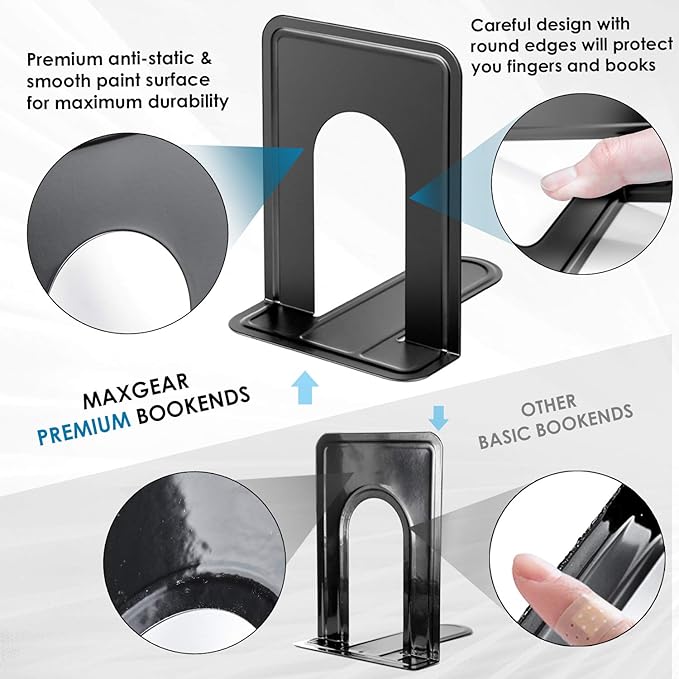 MaxGear Book Ends Universal Premium Bookends for Shelves, Non-Skid Bookend, Heavy Duty Metal Book Stopper for Books/Movies/CDs/Video Games, 6 x 4.6 x 6 in, Black, 4 Pairs/8 Pieces, Large