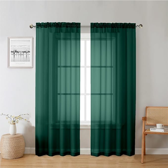 Hunter Green Sheer Curtains 72 Inches Long 2 Panels, Rod Pocket Voile Light by Lecloud