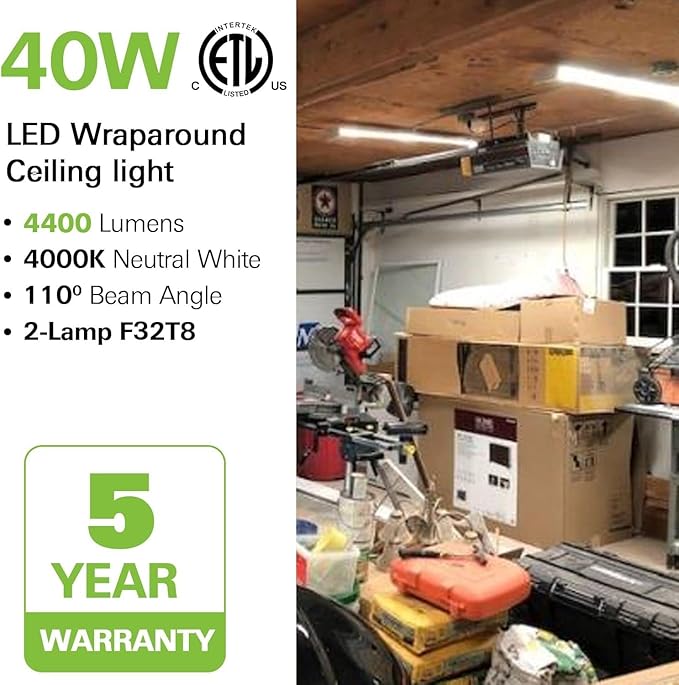 hykolity 4 Pack 4FT LED Wraparound Light 40W 4 Foot LED Shop Lights for Garage, [2-lamp 32W Fluorescent Equiv.] 4400lm 4000K Wrap Light, Flushmount Office Ceiling Light Fixture ETL Listed