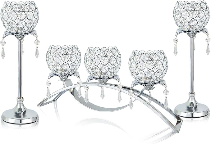 Set of 3 Gold Crystal Tea Light Candlestick Holders Flower Shape with Crystal Pendant Bowl Votive Metal Candle Holder for Table Centerpieces Wedding Home Decor (Set of 3, Silver)