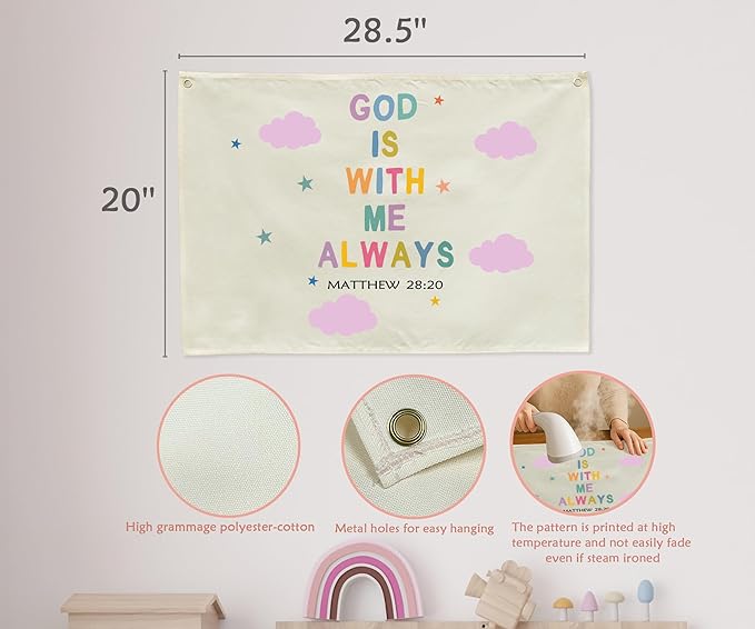 Christian Bible Verse Scripture Rectangular Banner Flag Wall Sign Decor Gift for Baby Girls-Nursery Baby Room Bedroom Decor-Baby,Shower Birthday Christmas Gift-God Is with Me Always