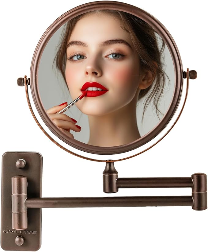 OVENTE 7" Wall Mounted Makeup Mirror with 1X/10X Magnification, Double Sided Magnifying Round Bathroom Vanity Mirror, 360° Swivel Design, Extendable and Folding Arm, Antique Bronze MNLFW70ABZ1X10X