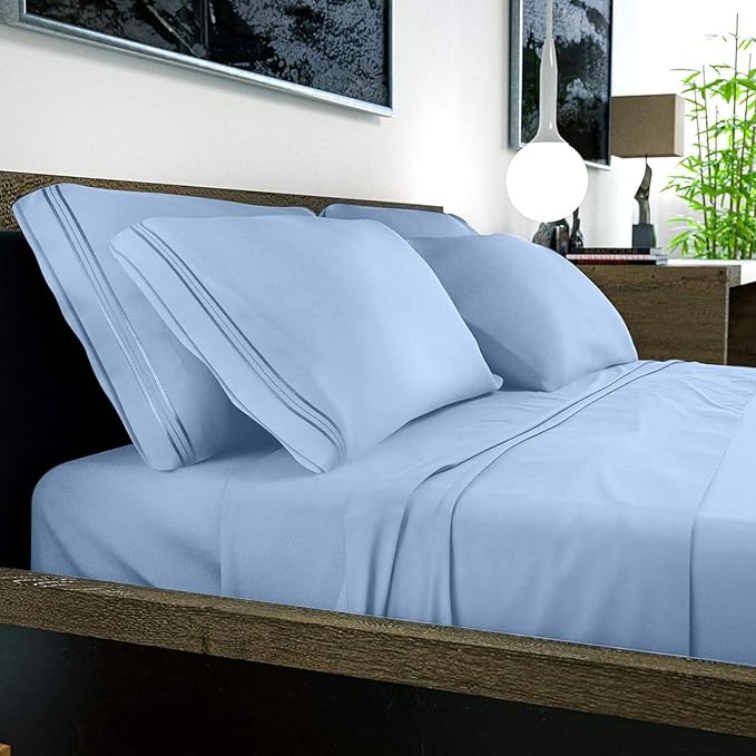 DREAMCARE Queen Sheet Set – 6 pcs Cooling Bed Sheets – up to 15” Deep Sheets Queen Size Bed Set – 2500 Supreme Collection – Extra Soft 100% Brushed Microfiber Hotel Luxury with Side Pocket – L Blue