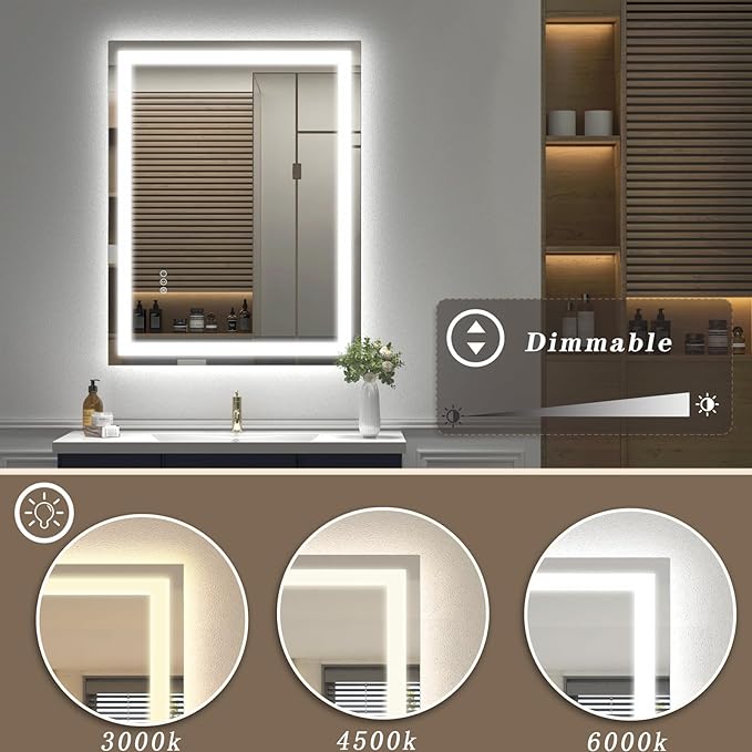 30 x 30 Lighted LED Bathroom Mirror for Wall, Square Vanity Mirror with Lights, Dimmable, Anti-Fog, Shatter-Proof, Memory, ETL Listed (Front Lights + Backlit)