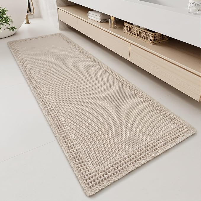 RESARE Waffle Bathroom Runner Rugs, Non Slip Boho Bath Mat 24x60 Pale Beige | by Resare