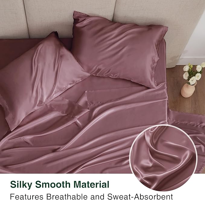 Love's cabin Twin Satin Sheets Sets - 3 Piece Rose Taupe Silky Bed Sheets with Deep Pockets, Luxury Silk Feel Satin Twin Size Sheet Set Bedding Set (1 Flat Sheet,1 Fitted Sheet,1 Pillow case)
