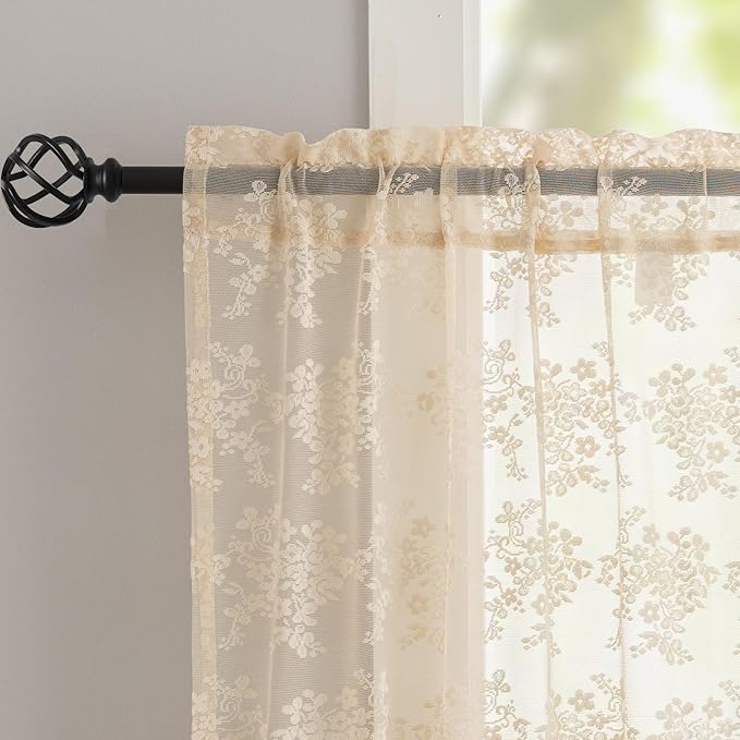 YJ YANJUN Vintage Lace Curtains 30 Inch Length- Cottage Floral Short Beige - Image 2