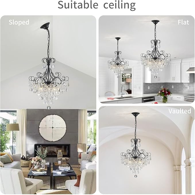 WUZUPS Crystal Chandelier 5-Light Pendant Ceiling Light Modern Lighting Fixture for Dining Room Hallway Bedroom Kitchen Bathroom, H 22.4" x W 18.3", E12 Base, Black