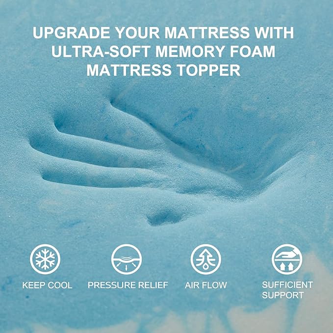 SINWEEK 3 Inch Mattress Topper 5-Zone Memory Foam Mattress Topper Pressure Relieve Soft Mattress Pad, CertiPUR-US Certified, Queen Size Blue
