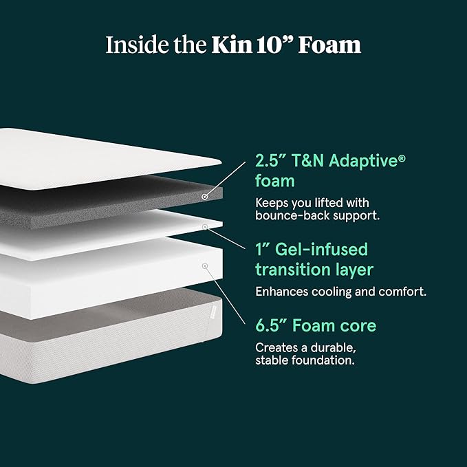 Kin By Tuft & Needle Medium Firm 10" Full Adaptive Foam Mattress in a Box, Cooling Pressure Relief, Balanced Support, 100 Night Trial, Fiberglass-Free, CertiPUR-US, 10-Year Limited Warranty