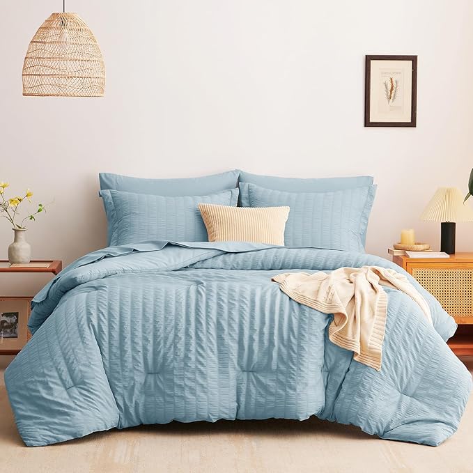CozyLux Queen Comforter Set Light Blue Seersucker 7 Pieces Bed in a Bag Queen Comforter Set with Sheets Luxury Soft Bedding Set with Down Alternative Comforter, Sheets, Pillowcases & Shams All Seasons