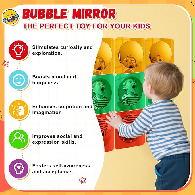 Geiserailie 9 Pcs Christmas Sensory Wall Mirror Acrylic Bubble Mirror Toys for Classroom Calming Corner Items - Sensory Room Have Visual, Tactile Stimulation (6 x 6 Inch,Red,Yellow,Green)