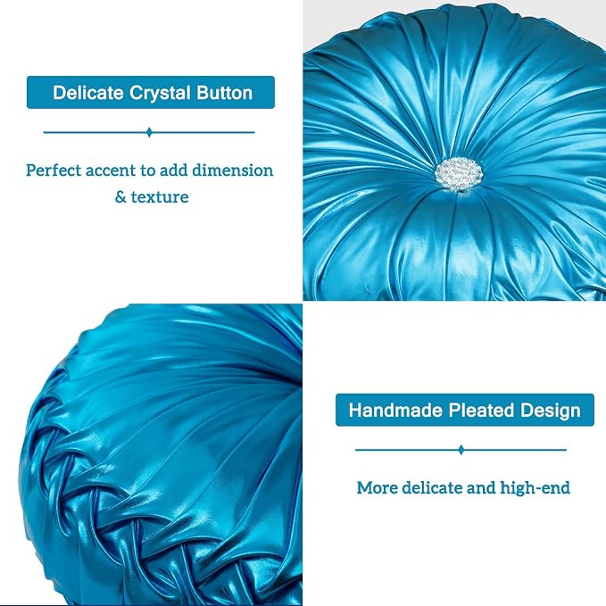 HIG Set of 2 Blue Metallic Leather Decorative Round Pleated Throw Pillows | - Image 4