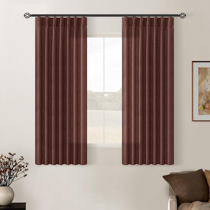 Chestnut Brown Pinch Pleated Linen Sheer Curtains 45 Inch Length 2 Panels | by Twodrapes