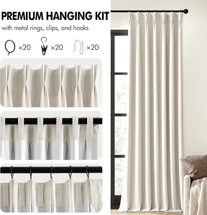 MIULEE Natural Pinch Pleated 100% Blackout Linen Curtains 40x100 Inches | Room - Image 8