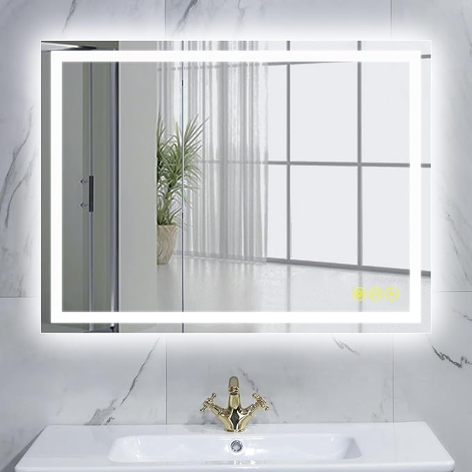 Wall-Mounted LED Square Bathroom Mirror, Makeup Mirror (32 inches x 24 inches,) 3 Color Dimming Bathroom Vanity Mirror with Lights Smart Mirror with Touch (Horizontal/Vertical)