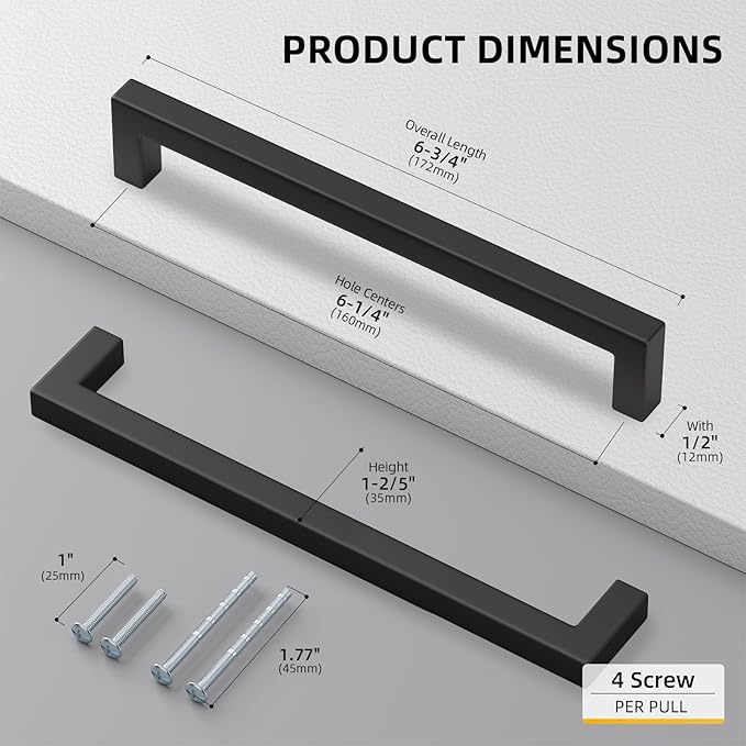 goldenwarm 60 Pack 6-1/4 Inch Black Cabinet Handles Matte Black Drawer Pulls Stainless Steel Cabinets Hardware Square Bar Modern for Kitchen Bathroom Cupboard
