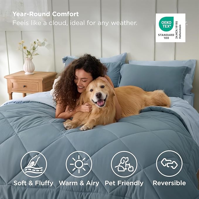 Bedsure Full Comforter Set - 7 Pieces Reversible Grayish Blue Bedding, Full Size Bed Set for All Seasons, Bed in a Bag with Down Alternative Comforter, Sheets, Pillowcases & Shams