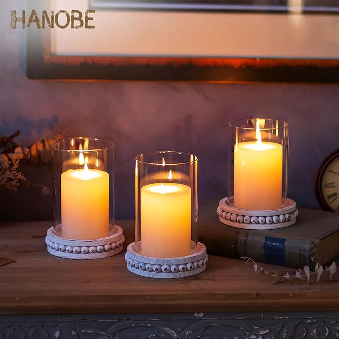 Hanobe Wood Plate Candle Holder: Small Candle Plate Set of 3 Decorative White Washed Beaded Holders Tray Round Candle Stick Holders Farmhouse Table Centerpiece for Fireplace Dining Room Home Decor
