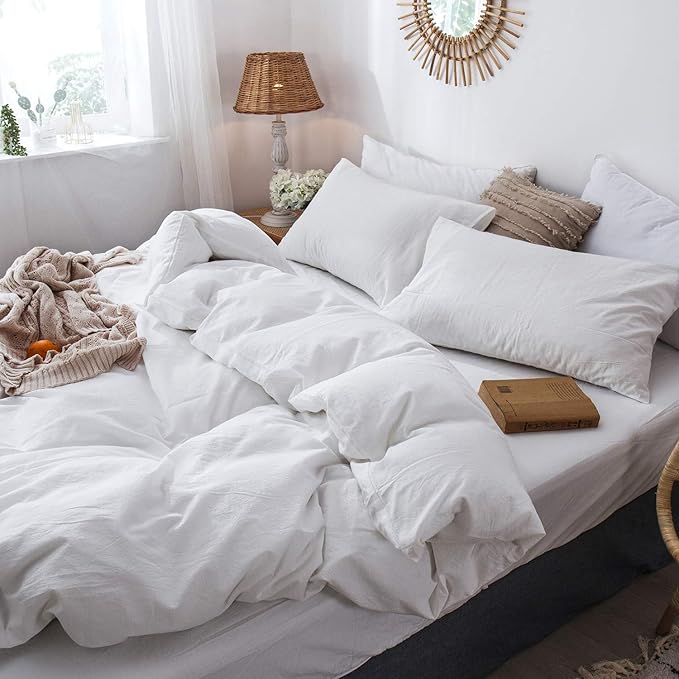MooMee Bedding Duvet Cover Set 100% Washed Cotton Linen Like Textured Breathable Durable Soft Comfy (Solid Off White, Oversized Queen 98"x98")