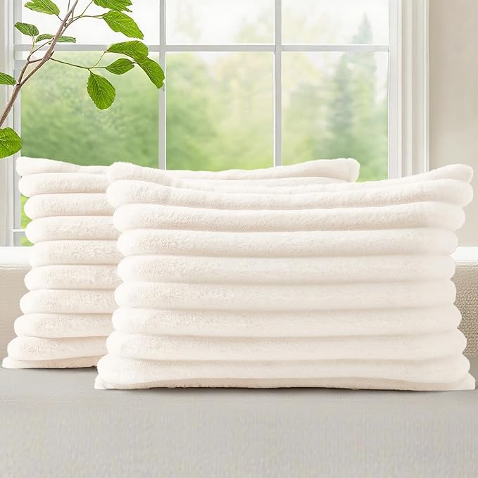 decorUhome Fall Faux Fur Throw Pillow Covers 12x20 Set of 2 Cream White | by decorUhome