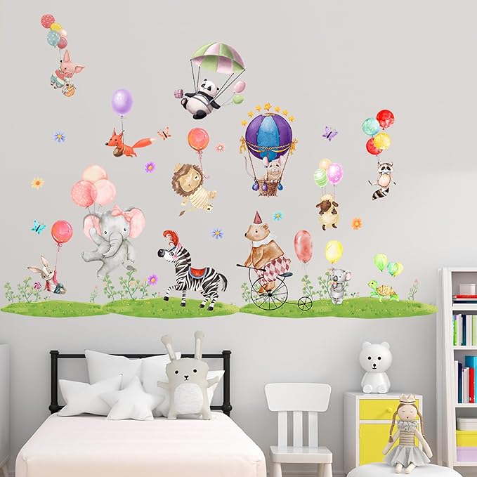 Jungle Animal Wall Stickers Forest Safari Wall Decals Kid Room Nursery Baby Bedroom Décor (Animal Balloon)