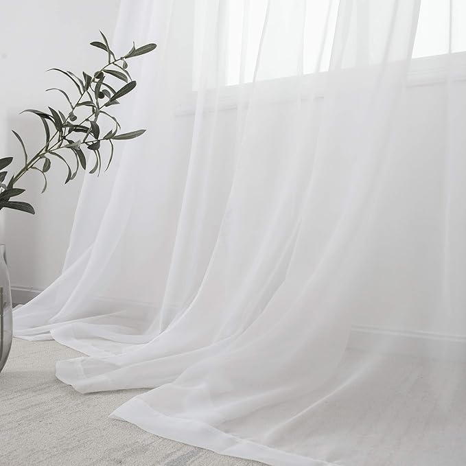 HUTO White Sheer Curtains 96 Inches Long for Living Room Rod Pocket Top Window Sheer Panels Drapes for Bedroom Girls Party Canopy Bed 2 Panels