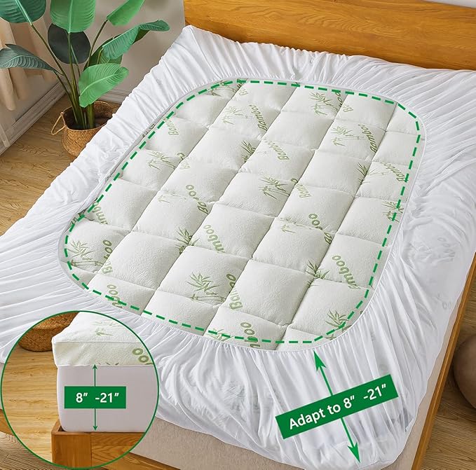 Bamboo_Viscose Mattress Topper Queen Size, Cooling Extra Thick Breathable Mattress pad, 8-21”Deep Pocket Soft Quilted Fitted Mattress Cover with Down Alternative Fill