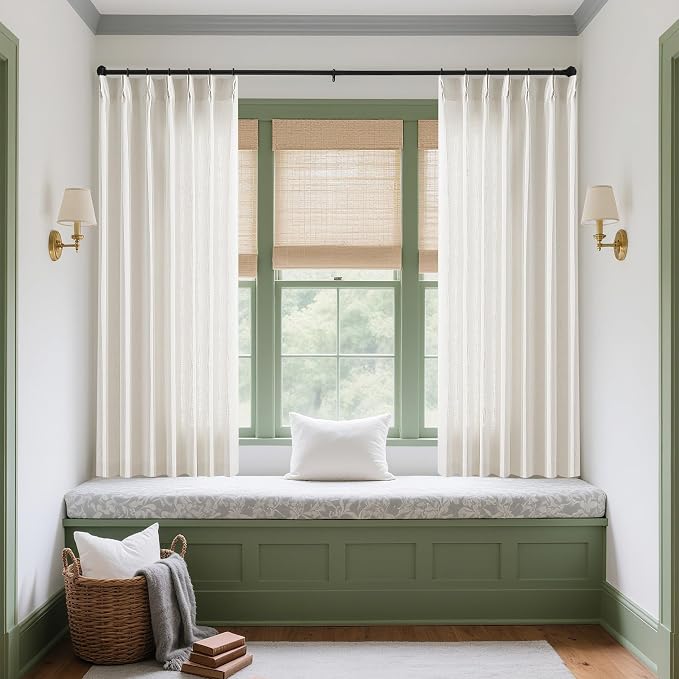 Natural Pinch Pleated Linen Semi Sheer Curtains 54 Inch Length 2 Panels | - Image 2