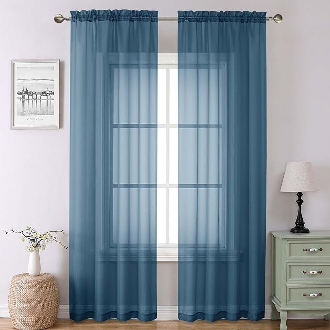 Dusty Blue Sheer Curtains 90 Inches Long 2 Panels, Light Filtering Breathable by Lecloud