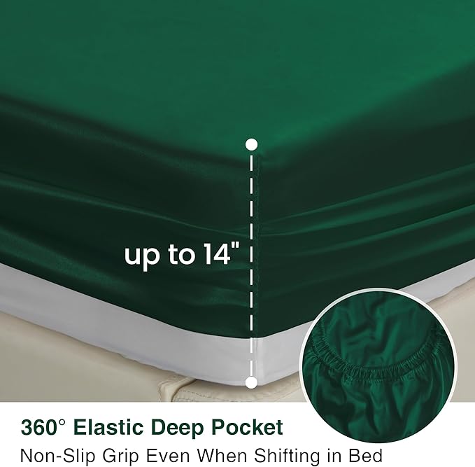 Love's cabin 4Piece California King Satin Bed Linen Set, Dark Green Silky Satin Sheets, Deep Pocket, Luxury Silk Feel, 1 Flat, 1 Fitted Sheet, 2 Pillow Cases