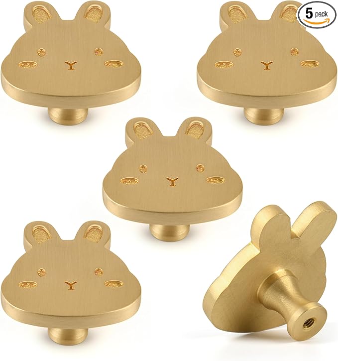 5 Pack Solid Brass Cartoon Rabbit Cabinet knob, Children's Dressing Table, Desk, Bookshelf, Drawer, Wardrobe, Gold Single Hole Handle