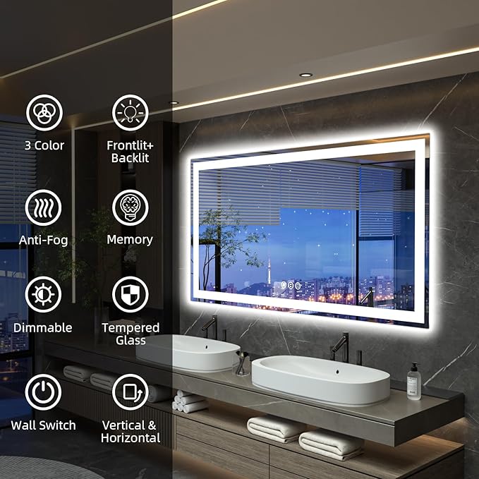 60"x 36" LED Bathroom Mirror, Double Lighting Sources Dimmable, Backlit + Front Lit, Anti-Fog, Stepless Dimmable, Lighted Bathroom Vanity Mirror for Wall Tempered Glass (Horizontal/Vertical)