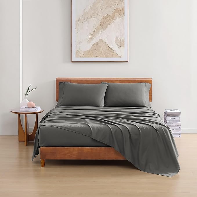 LANE LINEN 100% Organic Cotton Full Size Sheets, Hotel Like Crisp Percale Low Pill Fade Resistant Reinforsed Seam Cotton Sheets, Naturally Cooling 15" Deep Pocket Full Bedding Set- Charcoal